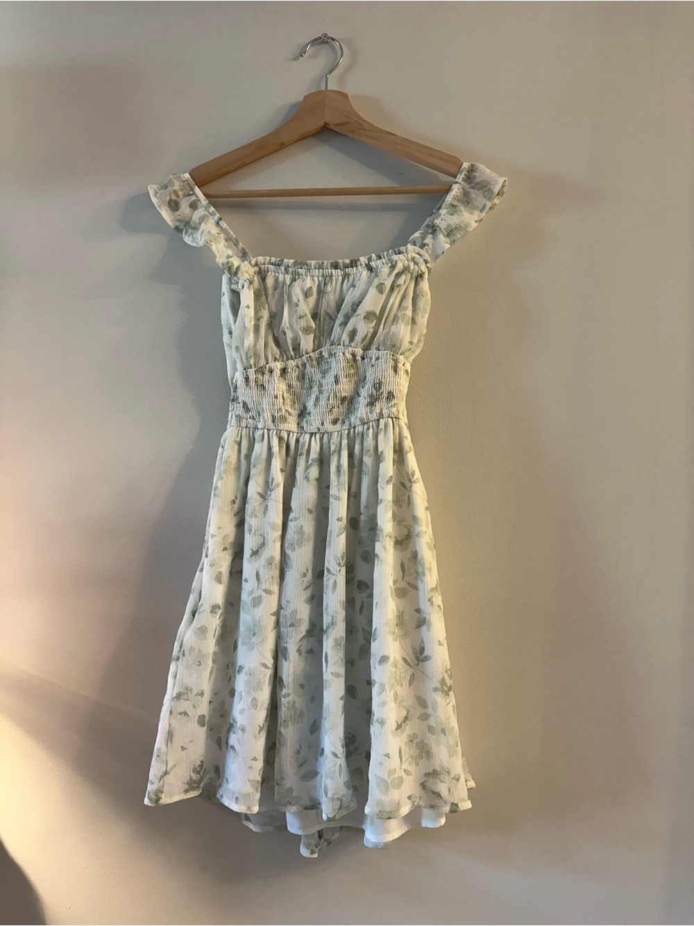Hollister Ivory Midi Dress with Soft Green Leaf Print